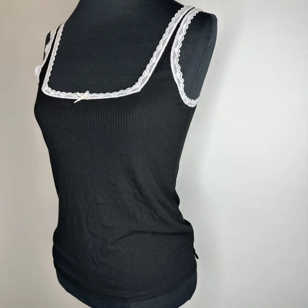 Honeydew Womens Small Black White Lace Ribbed Pajama Camisole Tank Top Silky